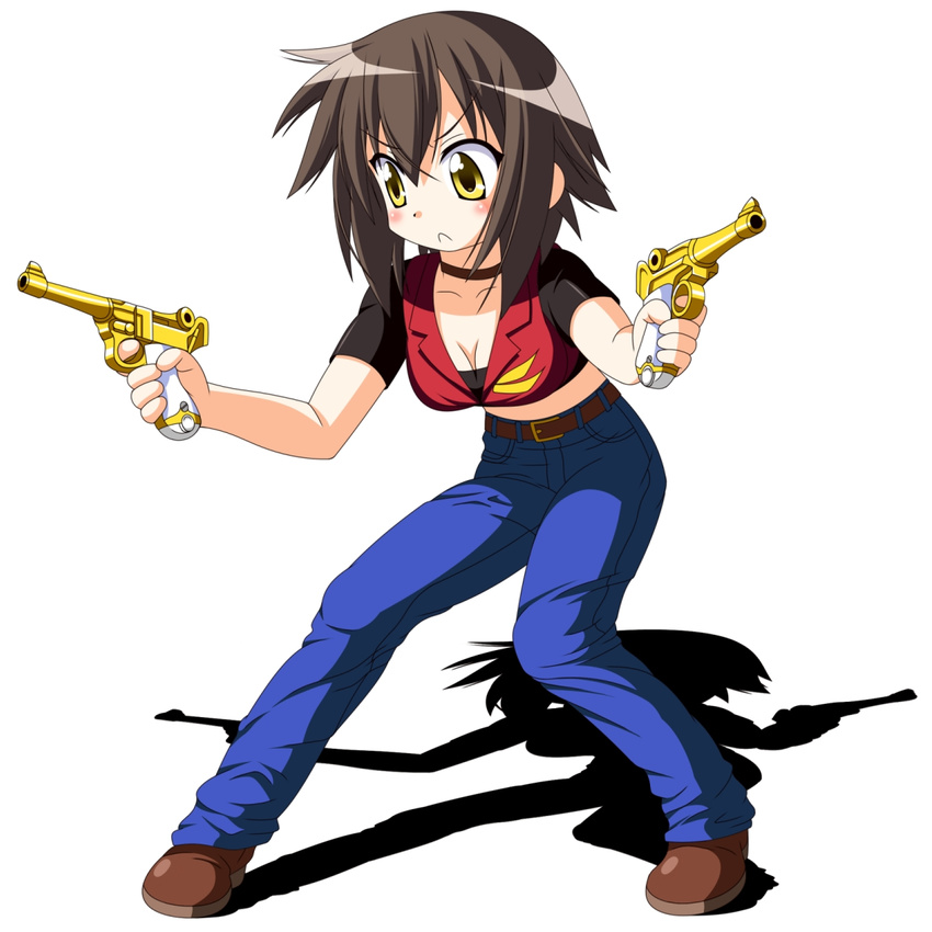 :&lt; bad_id bad_pixiv_id belt blush breasts brown_hair claire_redfield claire_redfield_(cosplay) cleavage cosplay crop_top denim dual_wielding frown gun handgun highres holding jeans kusakabe_misao lucky_star luger_p08 medium_breasts midriff pants pistol resident_evil rindou_(awoshakushi) shadow solo weapon yellow_eyes