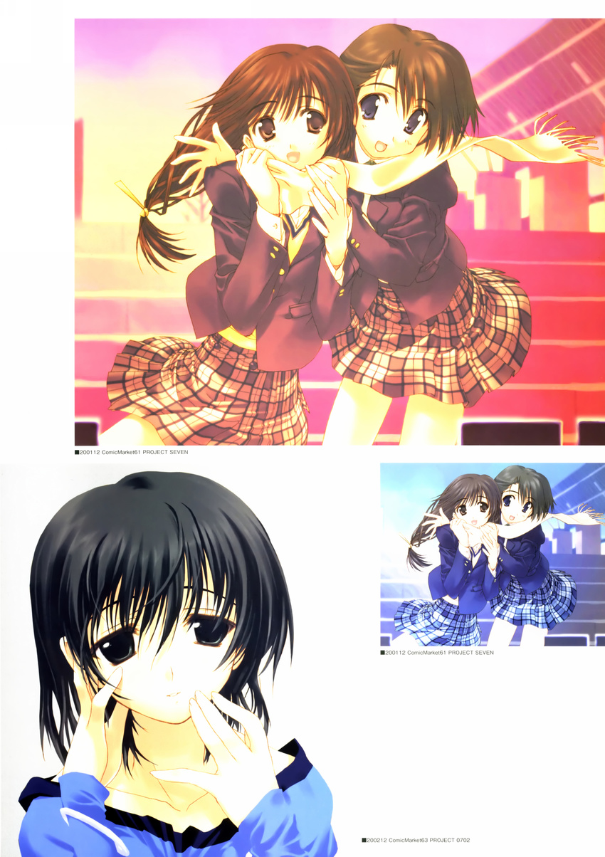 absurdres amazuyu_tatsuki black_eyes black_hair blazer brown_eyes brown_hair copyright_request highres jacket multiple_girls plaid plaid_skirt scarf school_uniform shared_scarf skirt