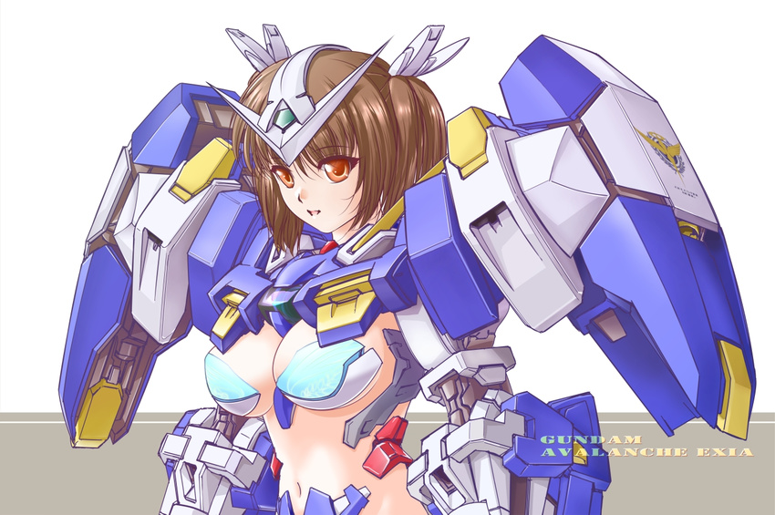 breasts brown_eyes brown_hair gundam gundam_00 gundam_00v gundam_avalanche_exia gundam_exia hair_ornament large_breasts mecha_musume mori_chu navel short_twintails simple_background solo twintails