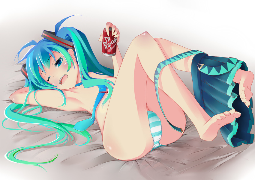 aqua_eyes aqua_hair armpits barefoot dr_pepper giji_eizan hatsune_miku highres long_hair lying necktie on_back one_eye_closed open_mouth panties skirt solo striped striped_panties topless twintails underwear undressing very_long_hair vocaloid