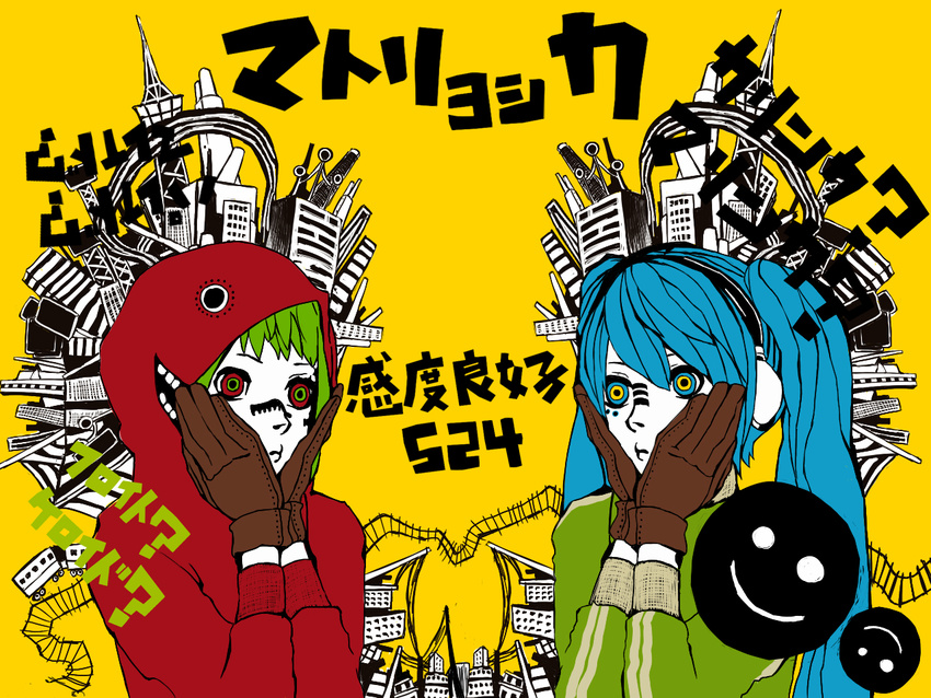 2girls blue_hair green_hair gumi hatsune_miku headphones long_hair matryoshka_(vocaloid) short_hair twintails vocaloid