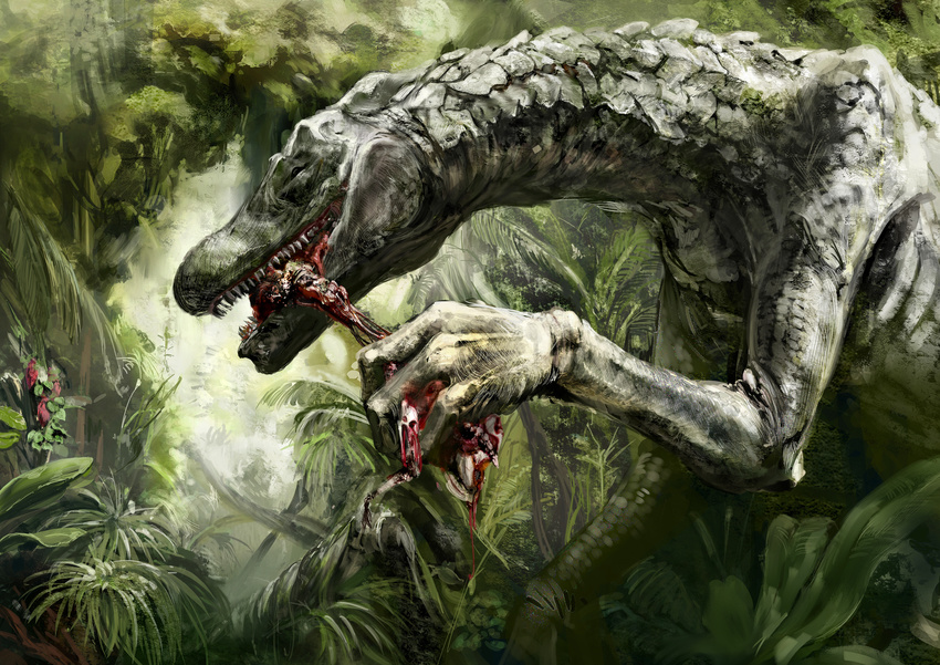 an'yu bad_id bad_pixiv_id blood carcass closed_eyes dinosaur eating forest highres nature no_humans original