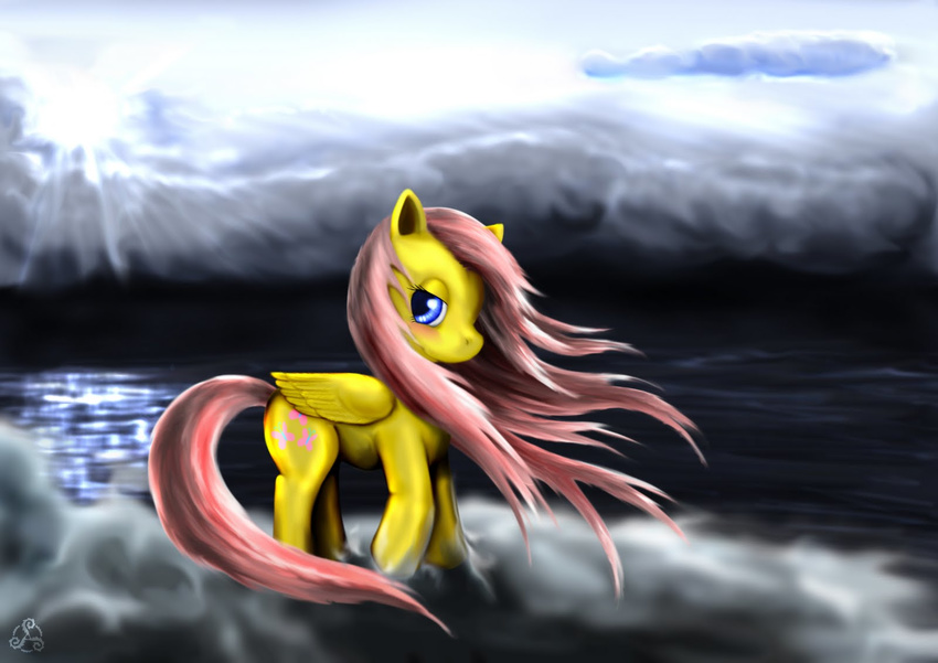 blue_eyes blush cloud clouds crepuscular_rays cutie_mark equine female feral fluttershy_(mlp) friendship_is_magic hair horse mammal mountain my_little_pony pegasus pink_hair pony sea sky solo water wings