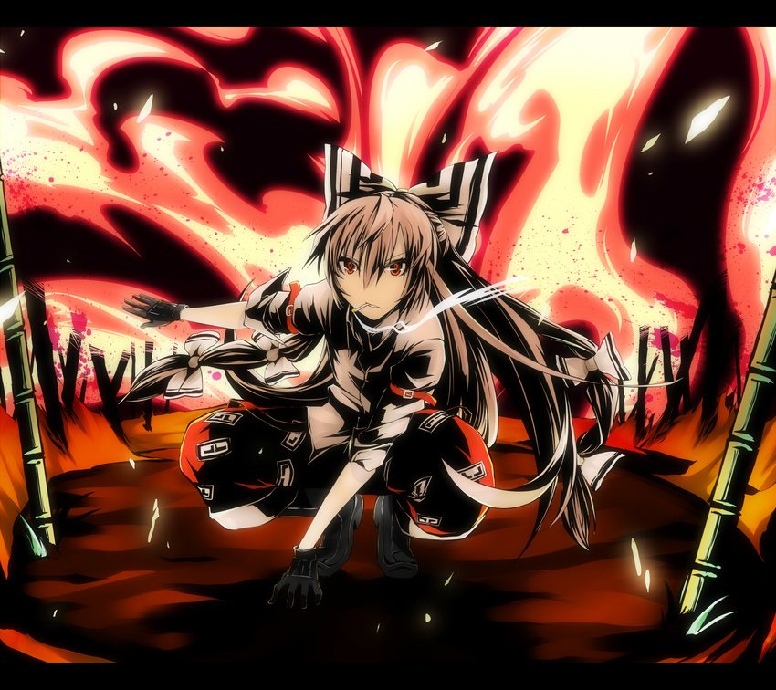 bad_id bad_pixiv_id bamboo bamboo_forest bisuke_(k_step2009) bow burning cigarette fire forest fujiwara_no_mokou gloves hair_bow hair_ribbon highres nature pants red_eyes ribbon sleeves_rolled_up smoking solo squatting tiptoes touhou white_hair