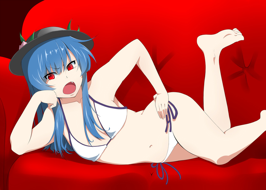 arm_support bad_id bad_pixiv_id barefoot bikini blue_hair chin_rest couch fang feet food food_themed_clothes fruit hand_on_hip hat hinanawi_tenshi long_hair lying mattari_yufi on_side open_mouth peach red_eyes side-tie_bikini soles solo swimsuit touhou white_bikini