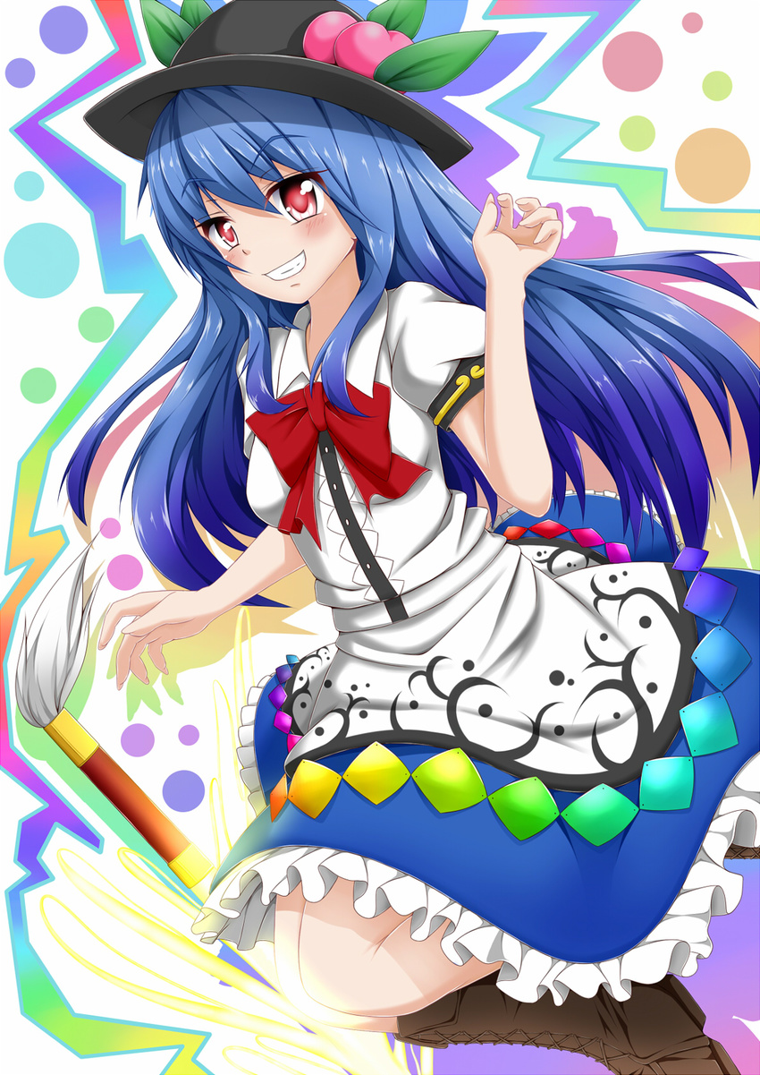 bad_id bad_pixiv_id blue_hair boots bow dress error food frills fruit grin hat highres hinanawi_tenshi long_hair peach red_eyes smile solo sword touhou weapon yopparai_oni
