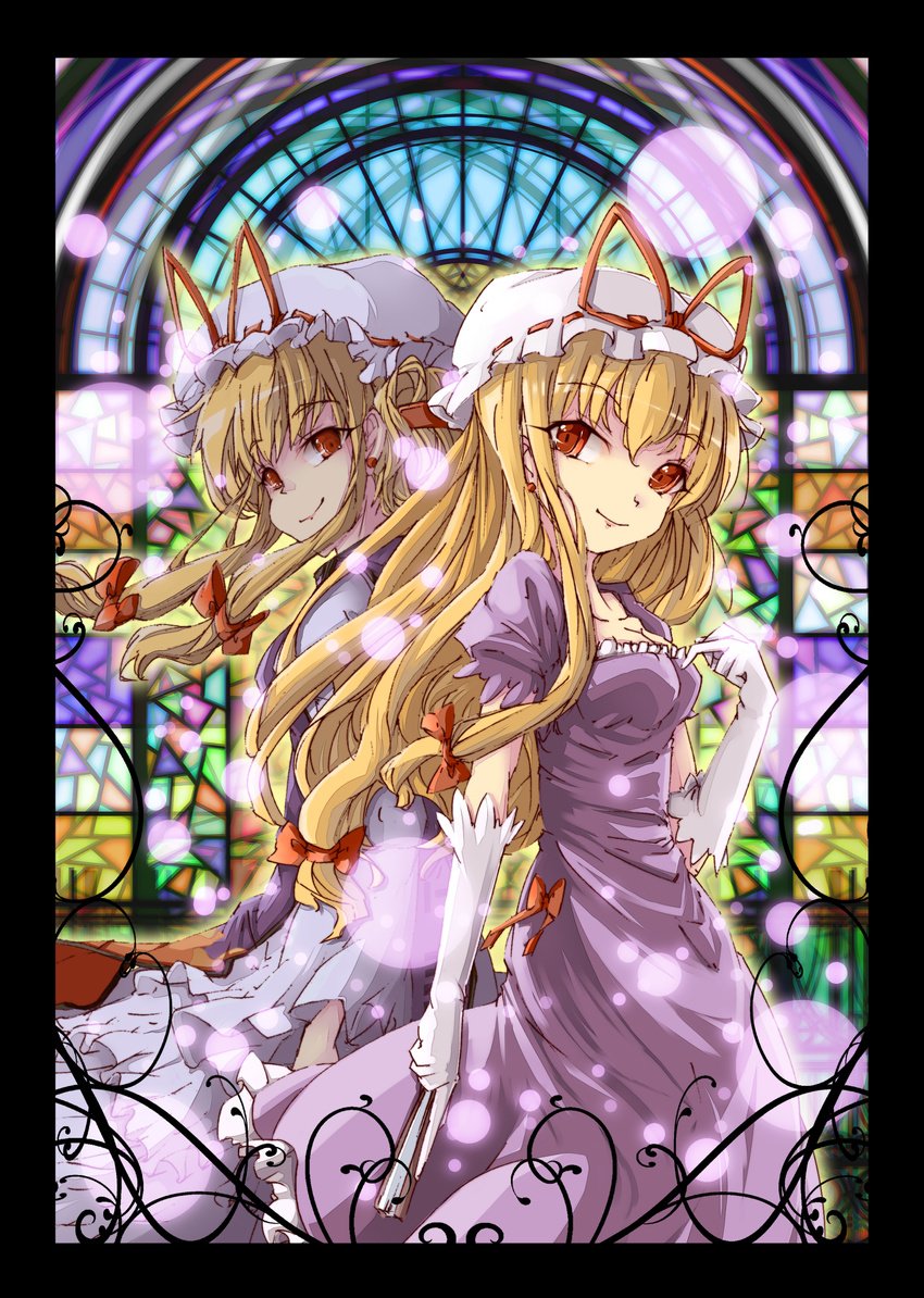 absurdres back-to-back bad_hands bad_id bad_pixiv_id blonde_hair bow breasts dress dual_persona fan gloves hair_bow highres long_hair medium_breasts multiple_girls red_eyes smile stained_glass toor_0111 touhou yakumo_yukari