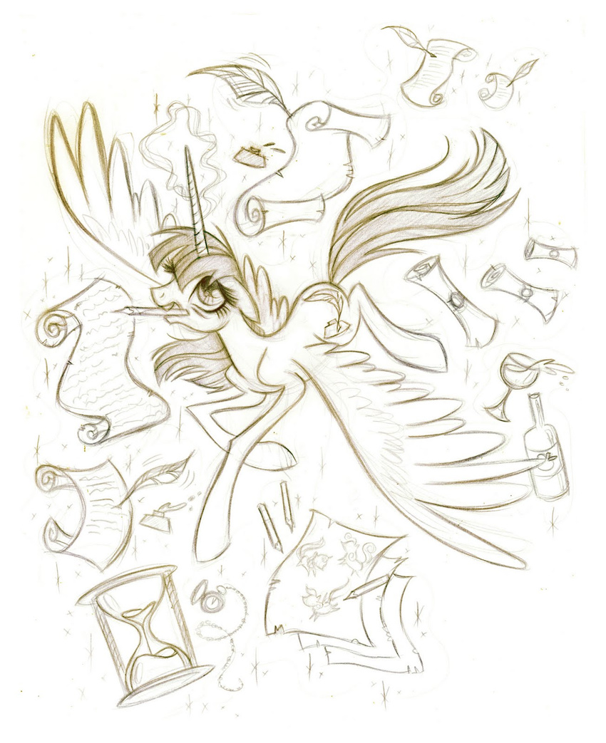 alicorn equine female feral friendship_is_magic glass horn horse hourglass lauren_faust lauren_faust_(character) mammal monochrome my_little_pony paper pencil plain_background ponification pony quill scroll sepia sketch solo watch white_background winged_unicorn wings