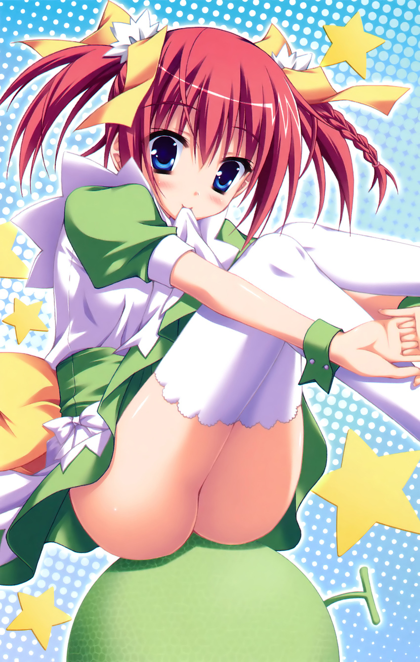 aqua_eyes ass blush bow braid endou_saya_(kisaragi_gold_star) food fruit hair_bow highres kisaragi_gold_star legs melon melonbooks moribe_(rabumanyo) mouth_hold pink_hair solo star thighhighs twintails white_legwear wrist_cuffs