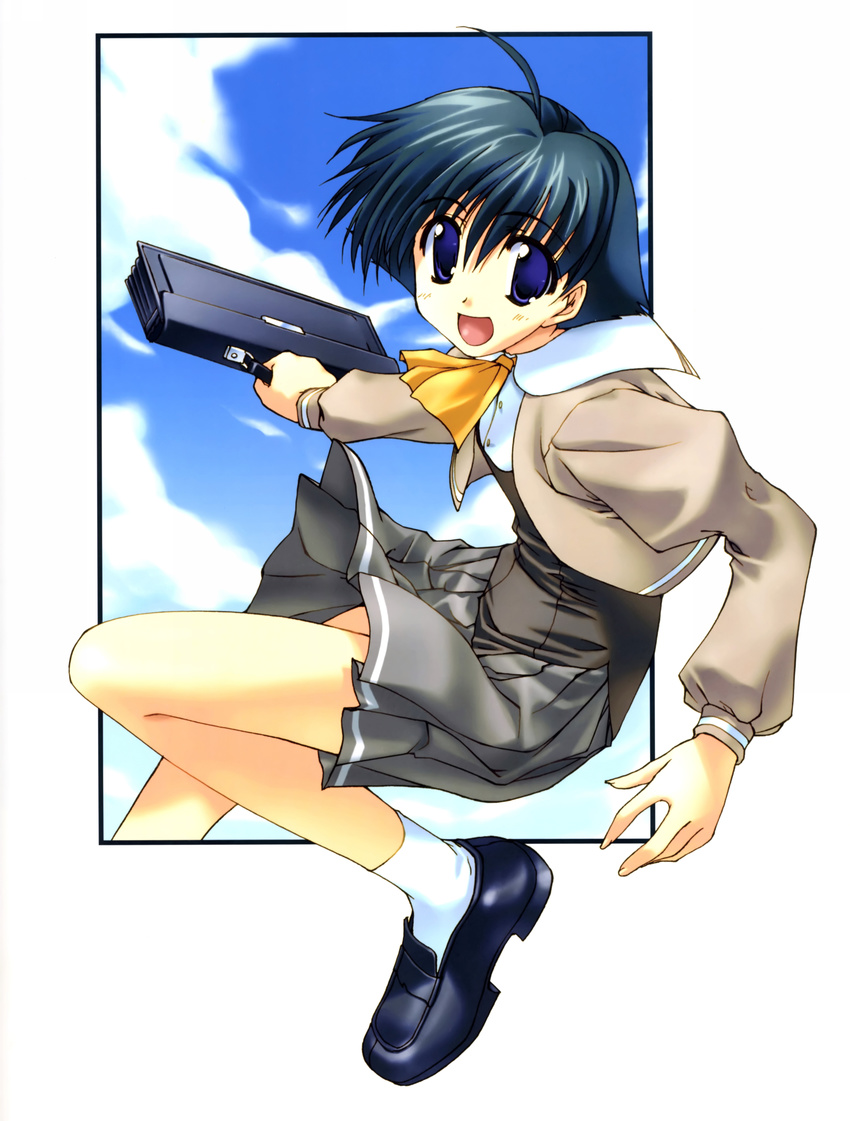 :d absurdres ahoge amazuyu_tatsuki ascot bag blue_eyes blue_hair copyright_request cropped_jacket highres holding holding_bag loafers long_sleeves looking_at_viewer open_mouth outside_border pleated_skirt school_briefcase school_uniform shoes short_hair skirt sky smile socks solo white_legwear