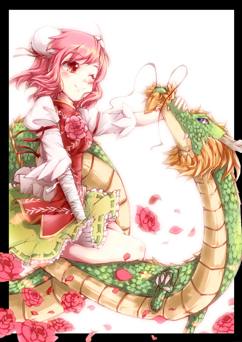 absurdres bad_id bad_pixiv_id bandages blue_eyes blush border bow bun_cover chain chinese_clothes cuffs double_bun dragon eastern_dragon flower highres ibaraki_kasen petals pink_eyes pink_hair riding rose short_hair sidesaddle sitting skirt solo toor_0111 touhou