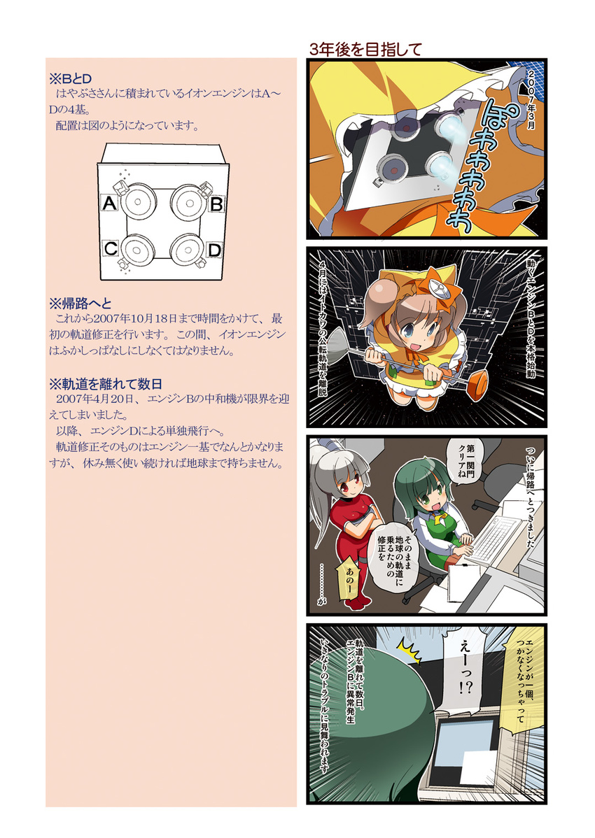 4koma comic dei_shirou hayabusa_(spacecraft) highres long_hair mecha_musume multiple_girls mv_(spacecraft) original personification sagami_(dei_shirou) short_hair space space_craft translated