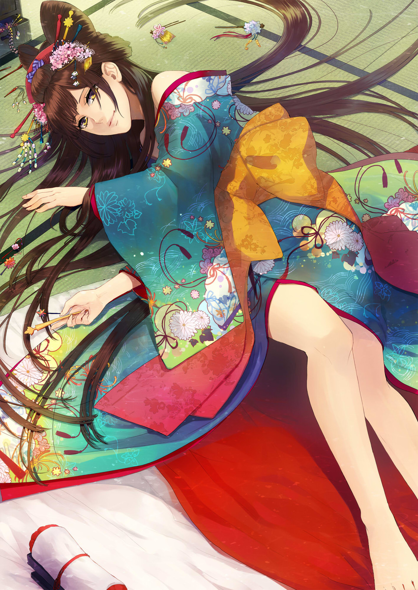 bare_legs bare_shoulders barefoot brown_hair double_bun dutch_angle fingernails floral_print flower hair_flower hair_ornament hair_stick hairpin headdress highres japanese_clothes juuya kimono lips lipstick long_hair looking_at_viewer lying makeup multicolored multicolored_eyes oiran on_side original purple_eyes scroll smile solo tatami wide_sleeves yellow_eyes