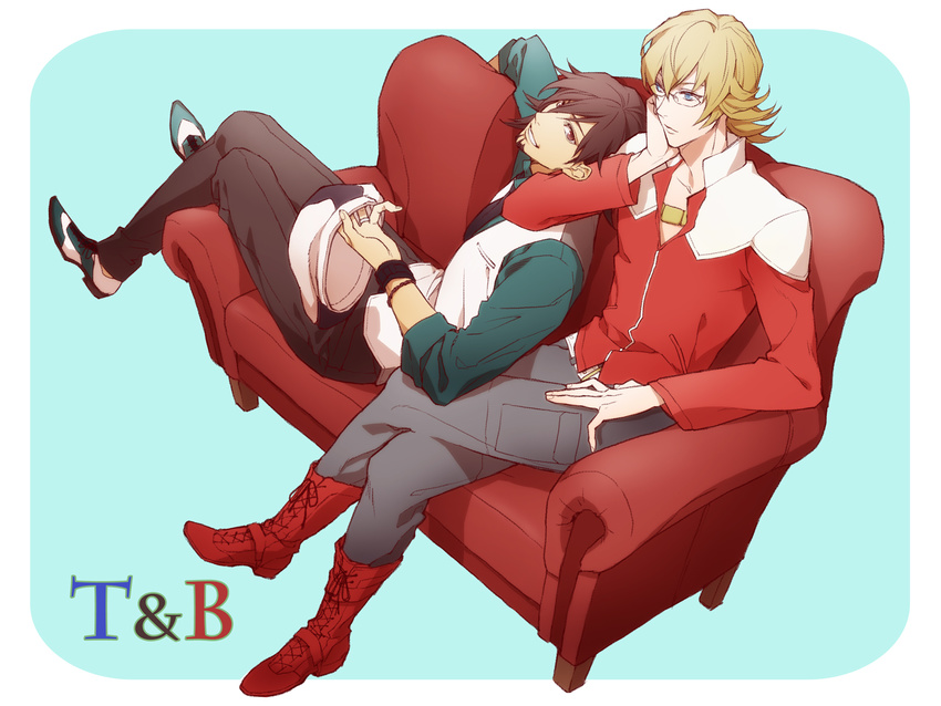 arm_rest bad_id bad_pixiv_id barnaby_brooks_jr blonde_hair blue_eyes brown_eyes brown_hair cabbie_hat couch crossed_legs facial_hair glasses hat hat_removed headwear_removed highres holding holding_hat jacket jewelry kaburagi_t_kotetsu male_focus multiple_boys necklace necktie red_jacket sitting stubble tiger_&amp;_bunny vest waistcoat yura_(ub4u)