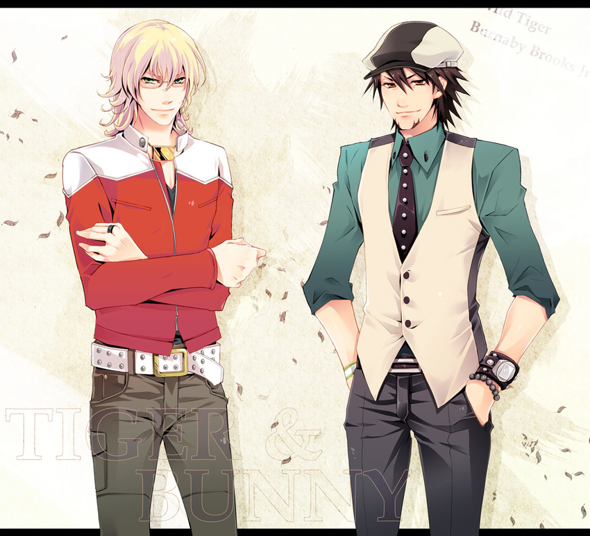 bad_id bad_pixiv_id barnaby_brooks_jr belt blonde_hair bracelet brown_eyes brown_hair cabbie_hat chiharu0613 crossed_arms facial_hair glasses green_eyes hands_in_pockets hat jacket jewelry kaburagi_t_kotetsu letterboxed male_focus multiple_boys necklace necktie red_jacket ring stubble studded_belt tiger_&amp;_bunny vest waistcoat watch wristwatch