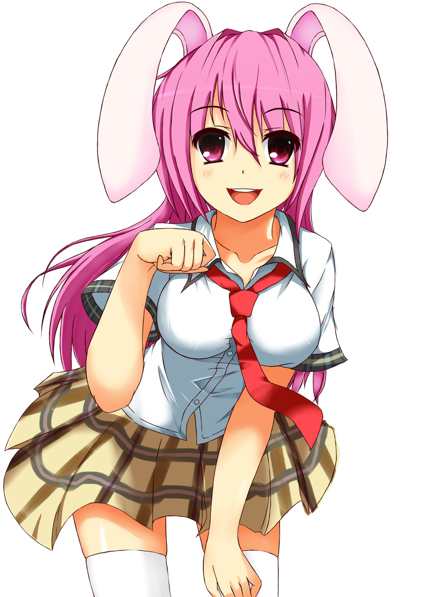 animal_ears bad_id bad_pixiv_id breasts bunny_ears contemporary highres impossible_clothes impossible_shirt leaning_forward long_hair medium_breasts necktie plaid plaid_skirt purple_hair red_neckwear reisen_udongein_inaba shirt skirt solo thighhighs touhou tsuuneko_(tourisugarinoneko)