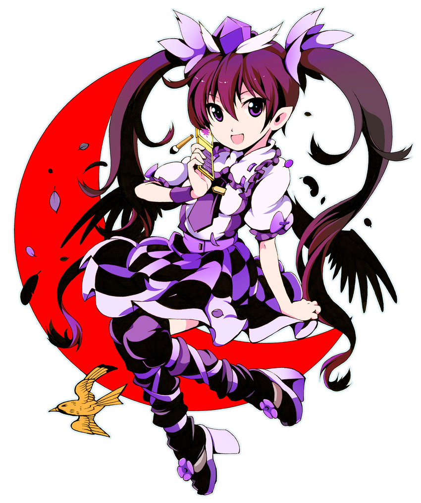 bird black_wings boots cellphone checkered checkered_skirt geta hair_ribbon hat highres himekaidou_hatate ichizen_(o_tori) leg_ribbon necktie open_mouth phone pointy_ears purple_eyes purple_hair ribbon shirt skirt smile solo tengu-geta thigh_boots thighhighs touhou twintails wings