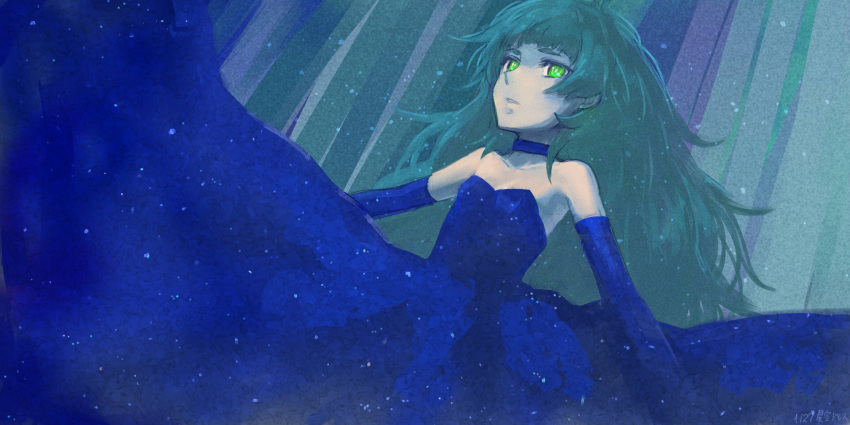 1girl armpits bangs bare_shoulders blue_choker blue_dress blue_gloves blunt_bangs choker collarbone dated dress dutch_angle elbow_gloves faux_traditional_media flat_chest gloves green_eyes green_hair highres hiyajou_maho long_hair looking_at_viewer menomorute messy_hair night night_sky parted_lips ringed_eyes short_eyebrows sidelocks sky sky_print solo steins;gate steins;gate_0 upper_body very_long_hair