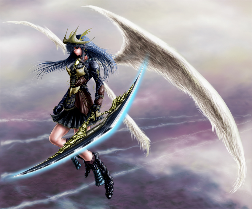 armor blue_hair blush_response boots chain choker cloud earrings hair_over_one_eye helmet jewelry leather long_hair original skirt sky solo weapon wings