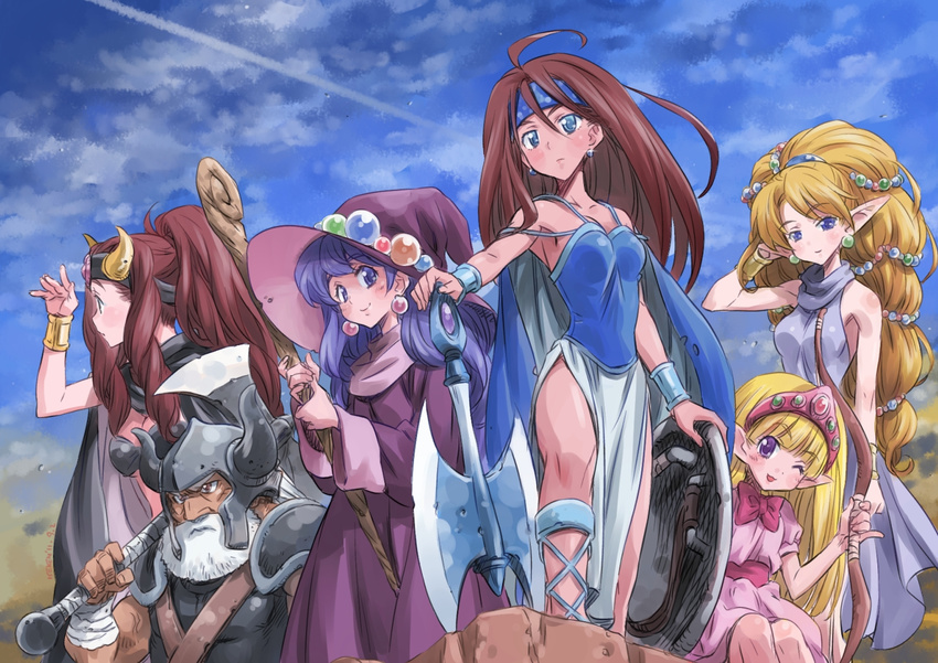 5girls axe beard blonde_hair blue_eyes blue_headband bow_(weapon) bracelet brown_eyes brown_hair cape diane_(monster_maker) dress earrings facial_hair fantasy frown gem hat headband horns isedaichi_ken jewelry long_hair lorien_(monster_maker) mirienu_(monster_maker) monster_maker multiple_girls nimrem_(monster_maker) one_eye_closed purple_eyes purple_hair rufia_(monster_maker) sara_(monster_maker) serious shield sitting smile staff tiara weapon witch witch_hat