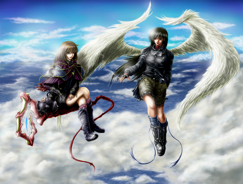 black_hair blue_eyes blush_response boots brown_hair cat cigarette cloud crossed_legs fingerless_gloves gloves goggles goggles_around_neck hand_in_pocket jacket leather leather_jacket long_hair multiple_girls original riding shorts sitting sky smile wings