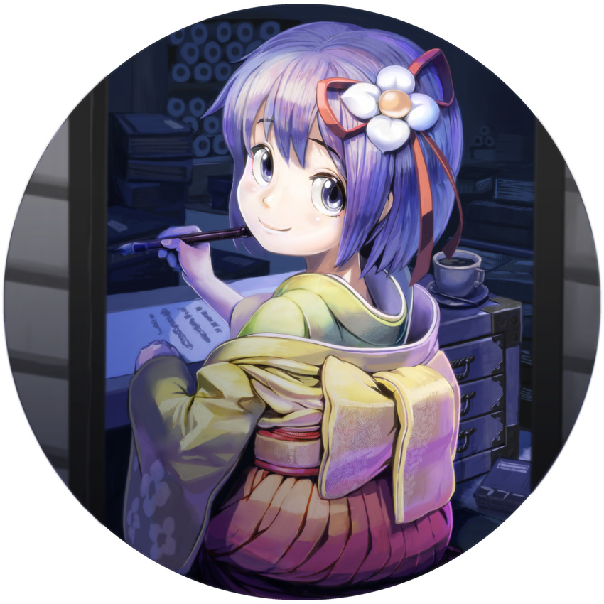 blue_eyes blue_hair book brush child circle coffee_mug cup floral_print flower from_behind hair_flower hair_ornament hieda_no_akyuu highres japanese_clothes kimono kousaku long_sleeves looking_back mug paper sash scroll sitting smile solo touhou