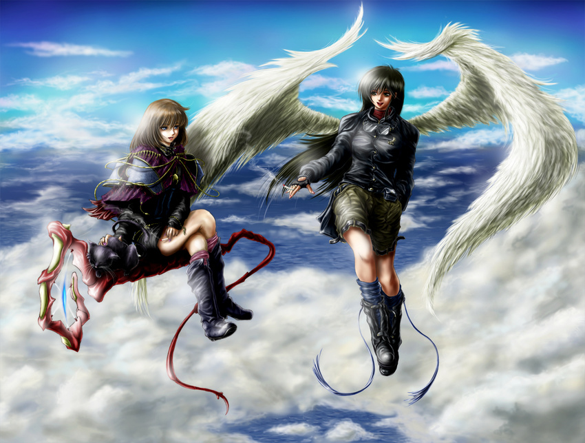 black_hair blue_eyes blush_response boots brown_hair cat cigarette cloud crossed_legs duplicate fingerless_gloves gloves goggles goggles_around_neck hand_in_pocket jacket leather leather_jacket long_hair multiple_girls original riding shorts sitting sky smile wings
