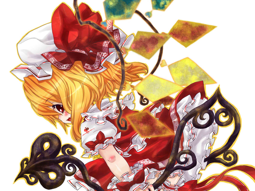 blonde_hair blush bow dutch_angle embellished_costume fang flandre_scarlet from_behind hat hat_bow jpeg_artifacts laevatein looking_back open_mouth red_eyes short_hair short_sleeves simple_background skirt skirt_set smile solo tm touhou white_background wings wrist_cuffs