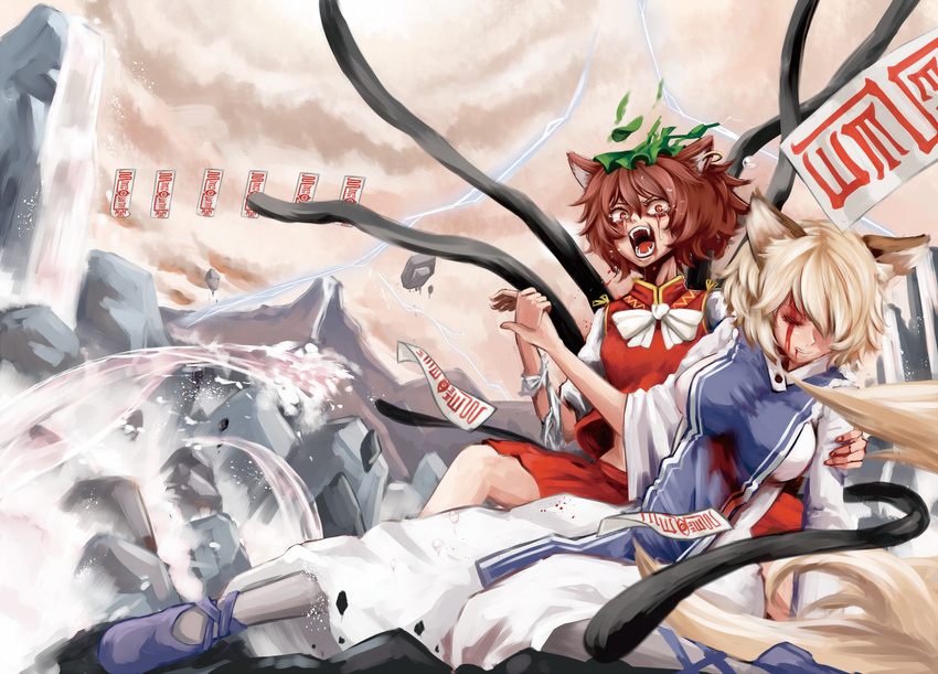 angry animal_ears blonde_hair blood brown_hair cat_ears cat_tail chen closed_eyes emerane fangs fox_ears fox_tail hat highres holding_hands multiple_girls multiple_tails no_hat no_headwear ofuda open_mouth short_hair tail tears torn_clothes touhou yakumo_ran