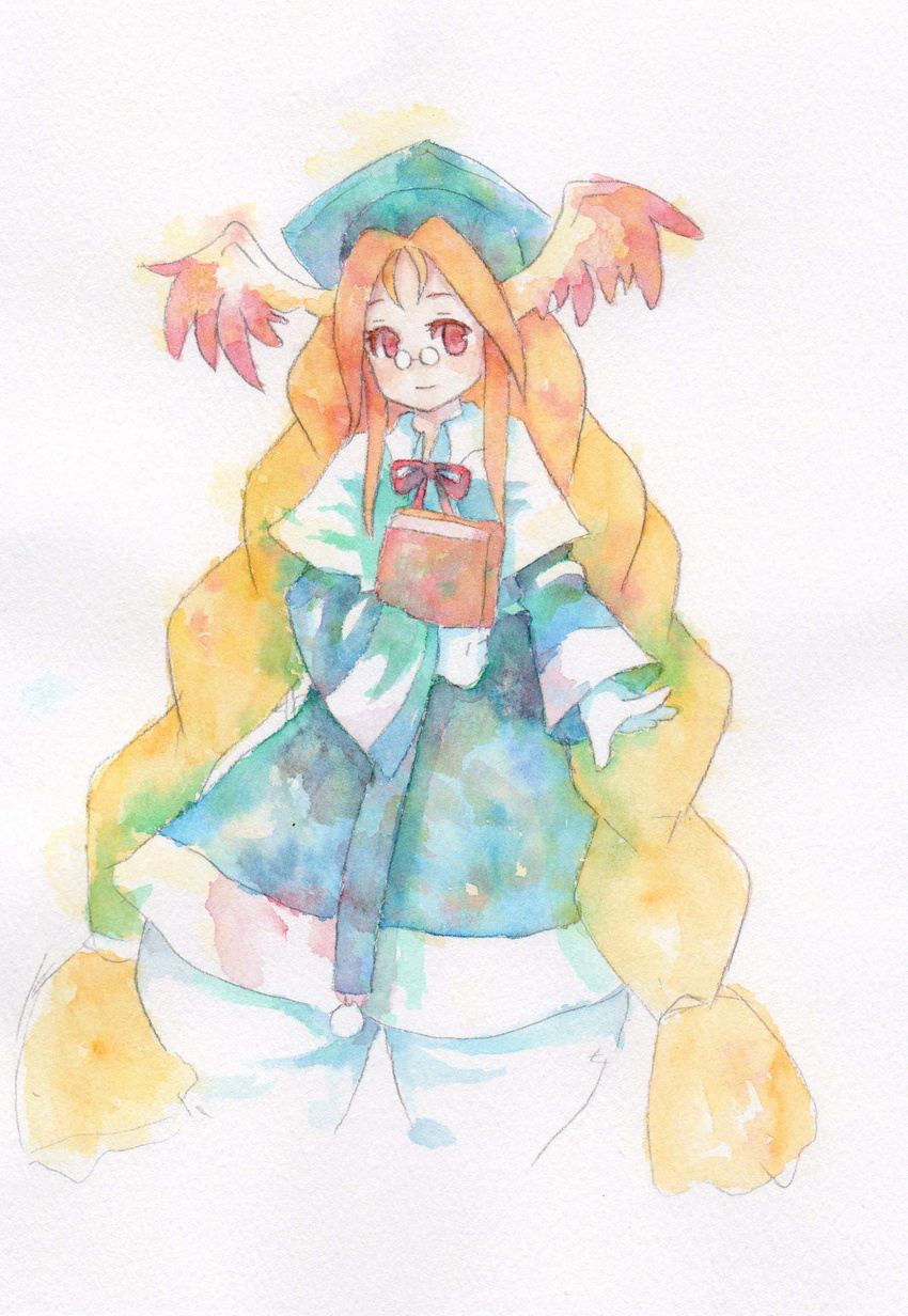 absurdres animal_ears braid breath_of_fire breath_of_fire_iii chibikurumi glasses highres long_hair momo_(breath_of_fire) orange_hair red_eyes smile solo traditional_media twintails watercolor_(medium)