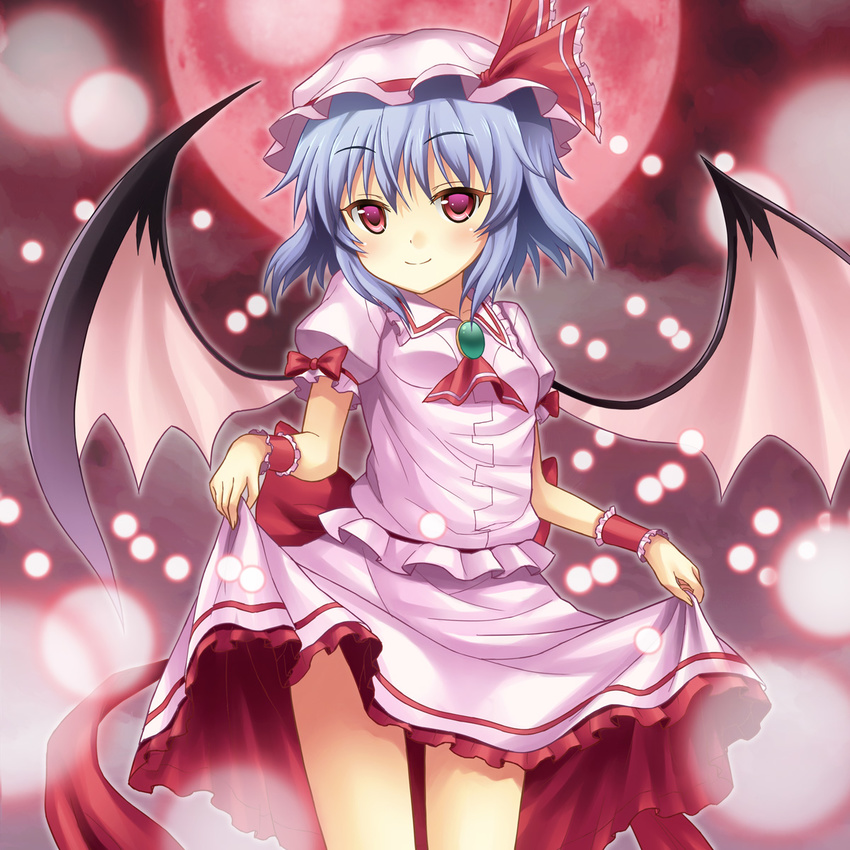 ascot bad_id bad_pixiv_id bat_wings blue_hair blush bow brooch curtsey danmaku dress full_moon hat highres jewelry large_wings moon rasahan red_eyes red_moon remilia_scarlet ribbon short_hair skirt skirt_hold smile solo touhou wings wrist_cuffs