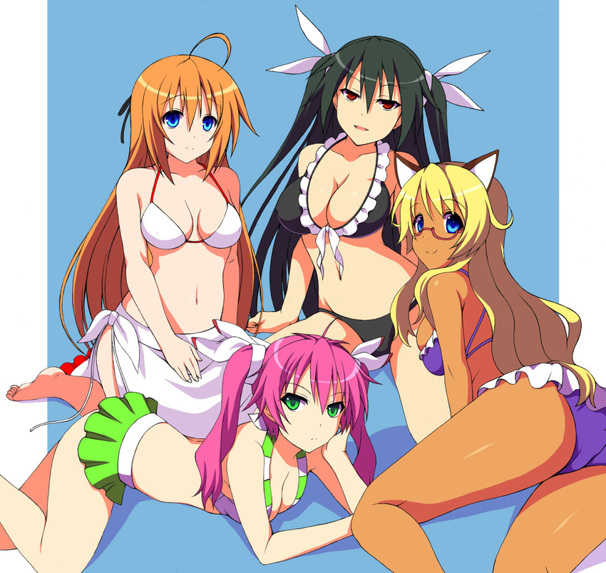 animal_ears bikini bikini_skirt black_hair blonde_hair blue_eyes cat_ears dark_skin green_eyes konoe_subaru kyoku_tou mayo_chiki! multiple_girls narumi_nakuru orange_hair pink_hair red_eyes sarong suzutsuki_kanade swimsuit twintails two_side_up usami_masamune white_sarong