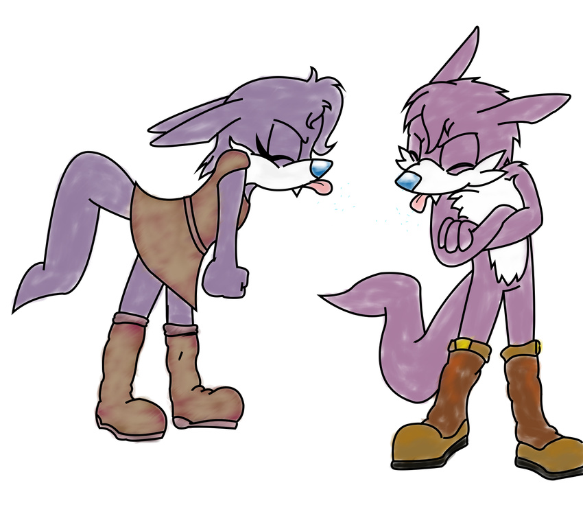 angry boots brown_clothing crossed_arms dress eyes_closed fangs female hi_res male mammal mustelid nack_the_weasel nic_the_weasel plain_background purple purple_body sega shadowed_rain sibling sibling_rivalry siblings sister sonic_(series) tail tongue tongue_out transparent_background weasel