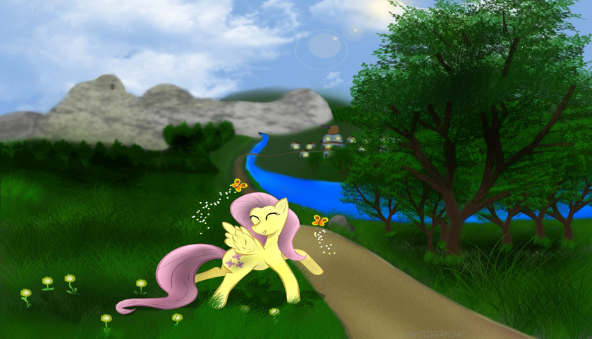 butterfly cloud clouds cute cutie_mark equine eyes_closed female feral flower fluttershy_(mlp) friendship_is_magic grass hair horse insect mammal mountain my_little_pony pegasus pink_hair pony sky tree wings wood