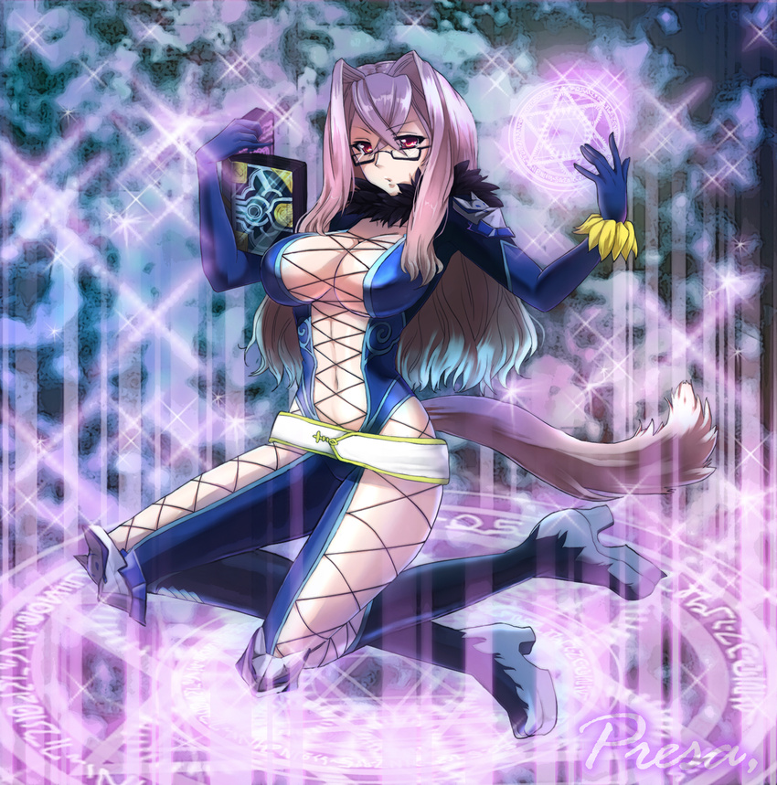 book boots breasts center_opening cleavage cleavage_cutout full_body glasses gloves hair_intakes hexagram highres knee_boots kneeling large_breasts long_hair magic magic_circle midriff navel pink_hair platform_footwear presa_(tales) red_eyes sibata solo sparkle tail tales_of_(series) tales_of_xillia