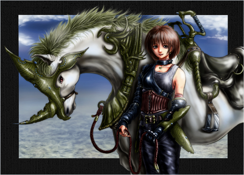 armor asymmetrical_clothes barding belt blush_response brown_hair collar corset earrings elbow_gloves gloves horse jewelry leather leather_pants necklace original pants purple_eyes short_hair smile solo