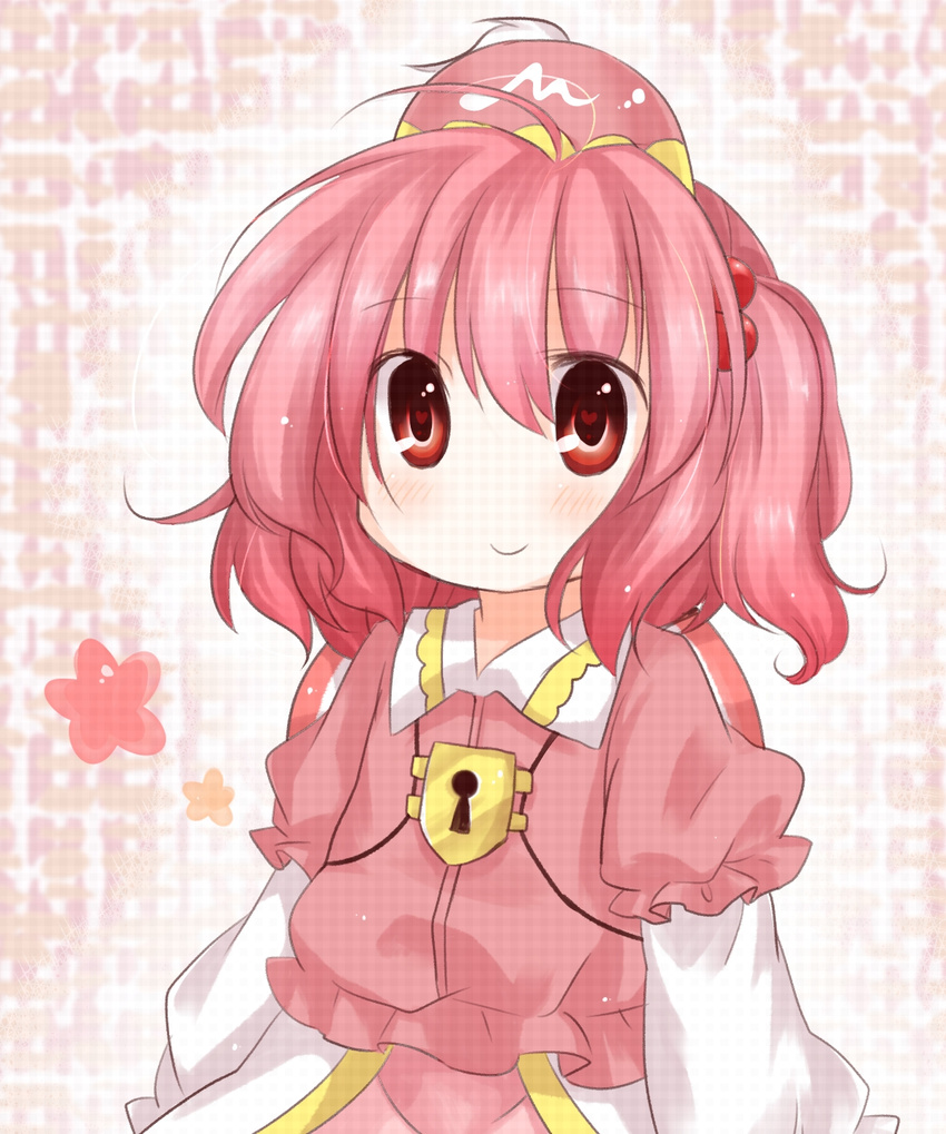 bad_id bad_nicoseiga_id daitirumoesu hair_bobbles hair_ornament hat heart heart-shaped_pupils highres kawashiro_mitori layered_sleeves lock original pink_hair red_eyes smile solo symbol-shaped_pupils touhou