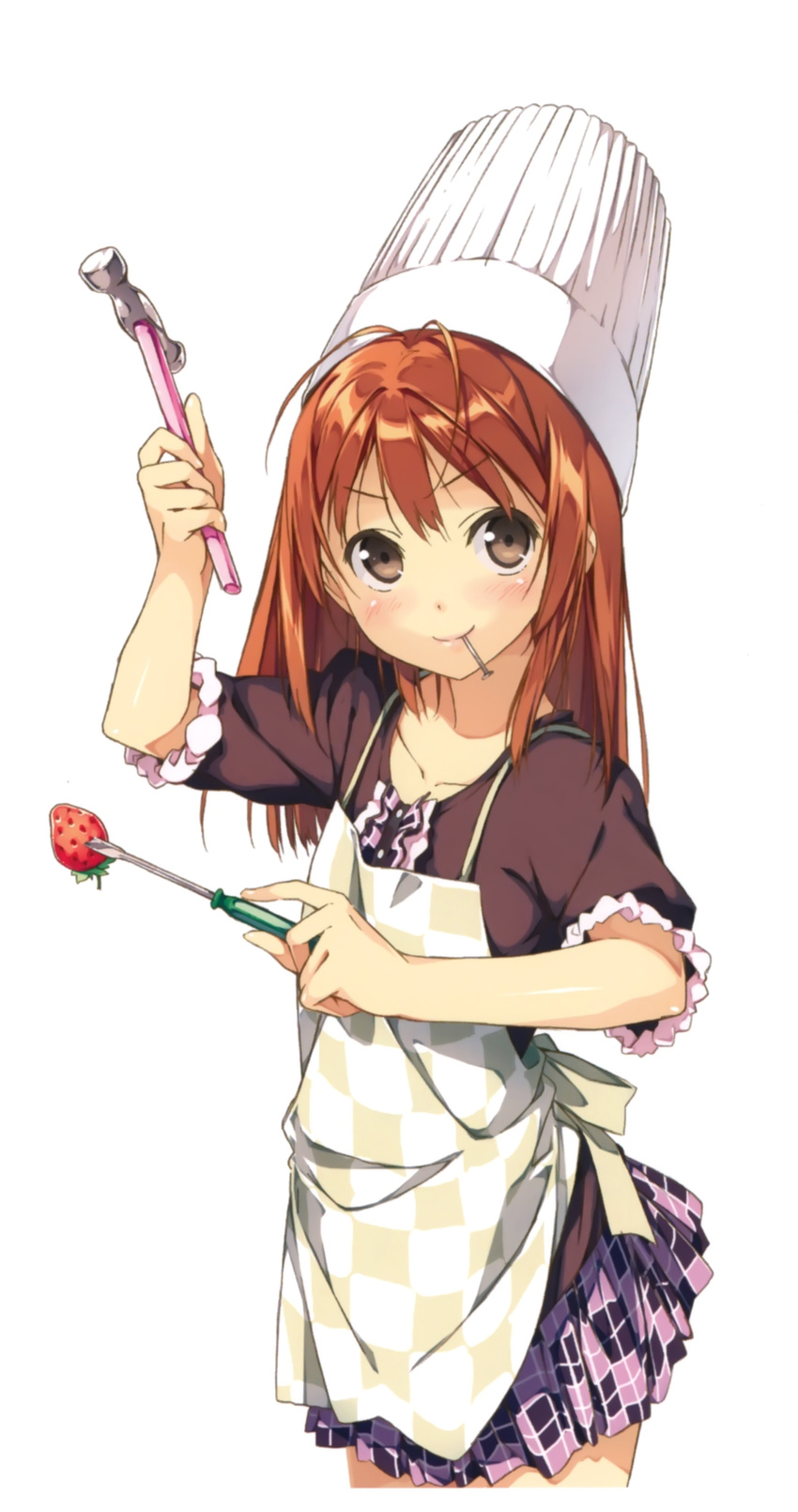 absurdres antenna_hair apron blush brown_eyes brown_hair chef_hat collarbone food fork fruit hammer hat highres holding holding_fork kantoku long_hair looking_away mouth_hold nail original plaid plaid_skirt pleated_skirt simple_background skirt smile solo strawberry toque_blanche white_background