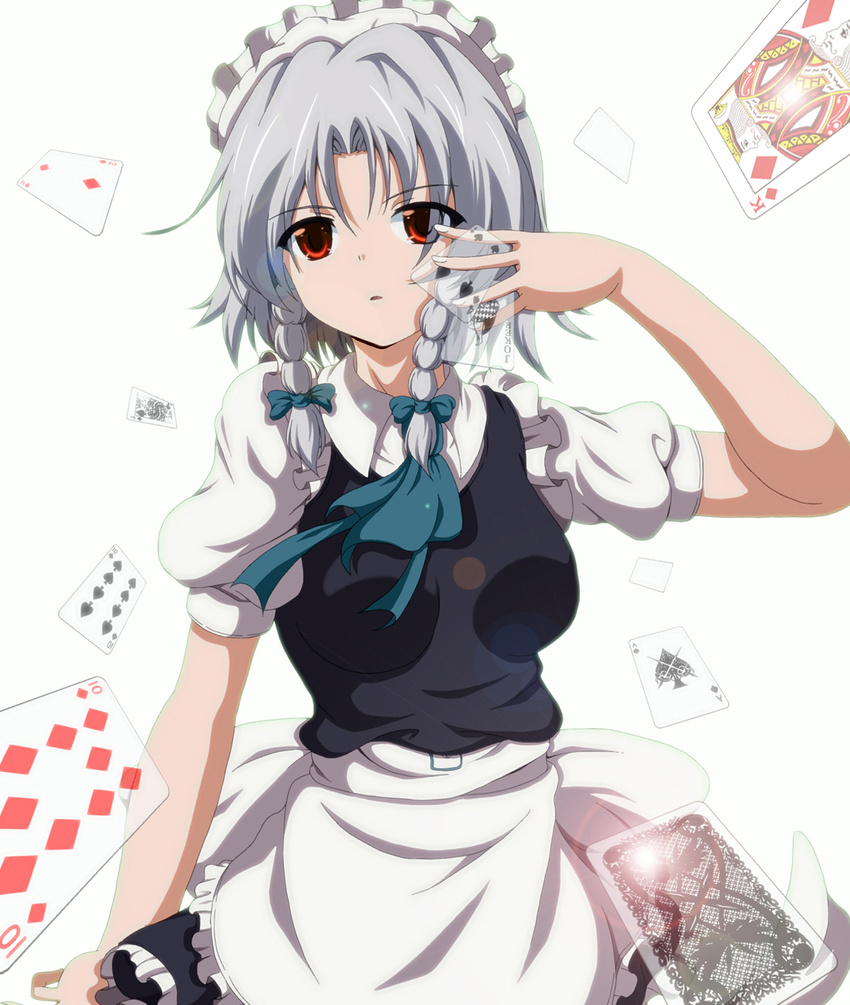 braid card diamond_(shape) dr._cryptoso falling_card hair_ribbon highres holding holding_card izayoi_sakuya lens_flare maid maid_headdress playing_card red_eyes ribbon short_hair silver_hair solo touhou twin_braids