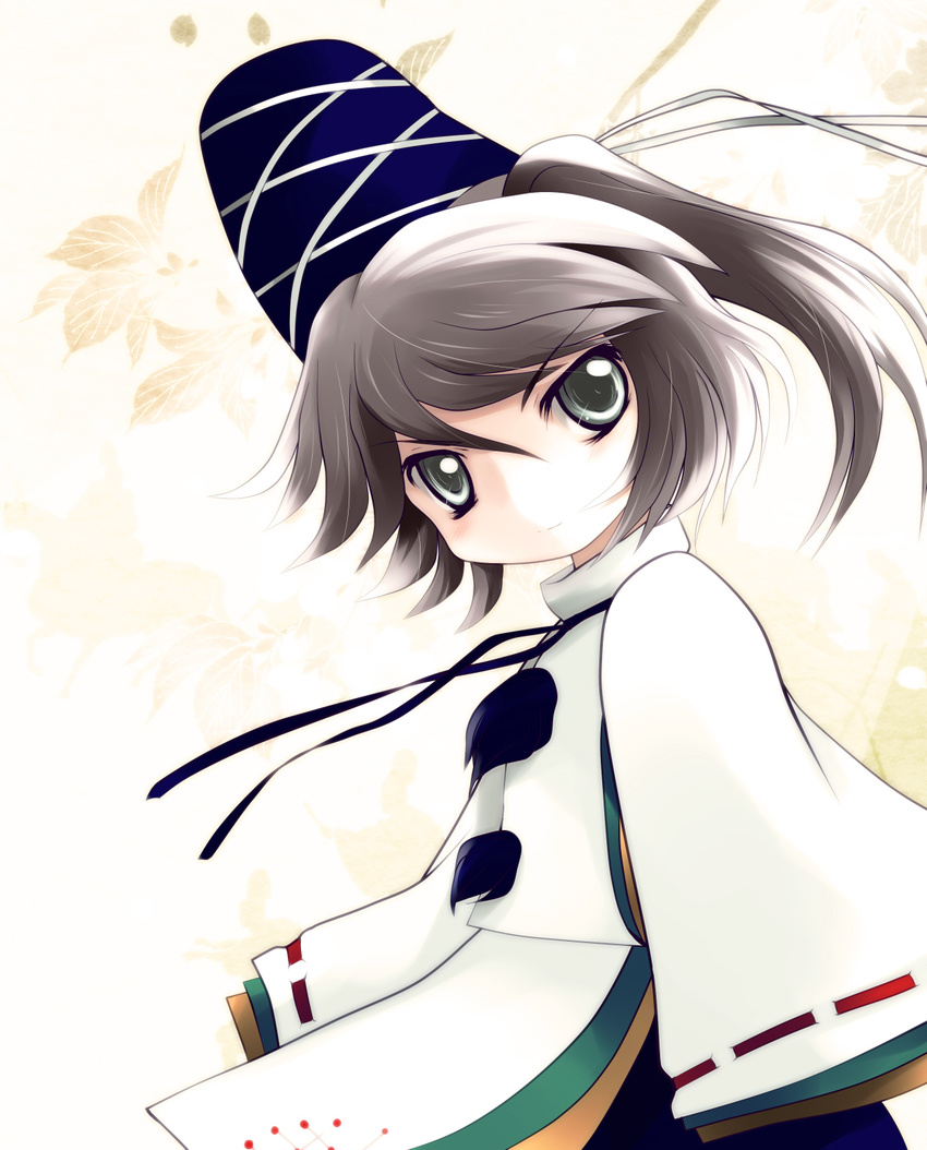 grey_eyes grey_hair hat highres japanese_clothes mononobe_no_futo ponytail smirk solo tate_eboshi touhou yume_shokunin