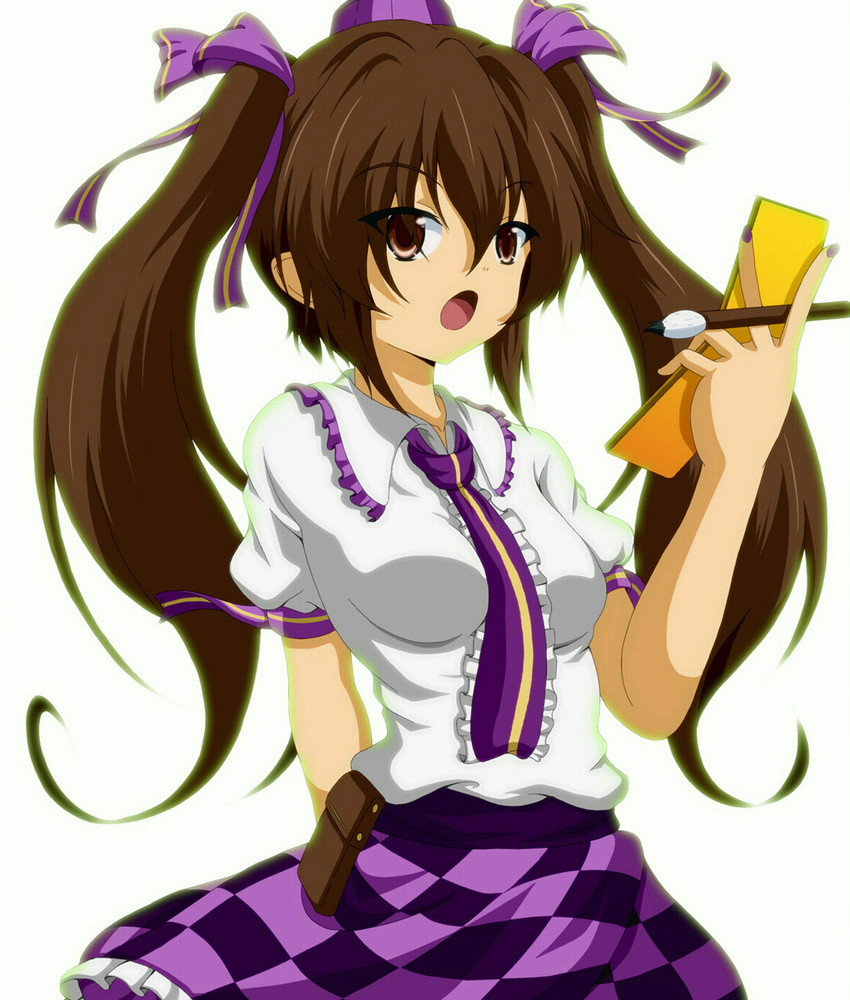 brown_eyes brown_hair brush calligraphy_brush cellphone checkered checkered_skirt dr._cryptoso frills highres himekaidou_hatate long_hair necktie open_mouth paintbrush phone skirt solo touhou twintails