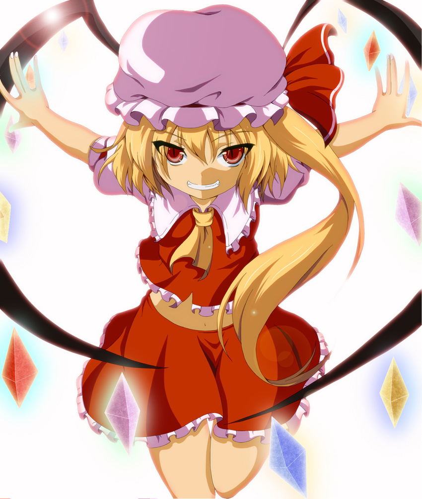 ascot blonde_hair dr._cryptoso flandre_scarlet hat highres lens_flare midriff navel outstretched_arms red_eyes side_ponytail skirt slit_pupils smile solo touhou wings