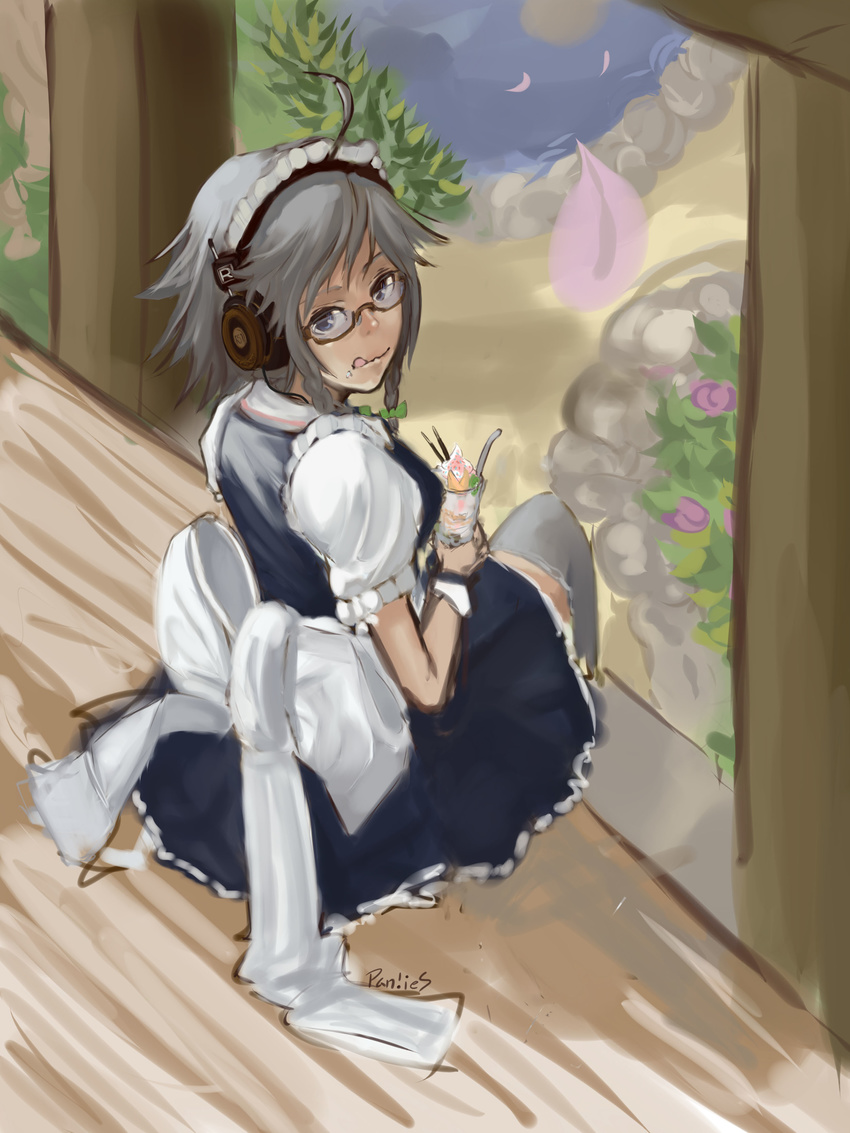 :q absurdres ahoge apron bespectacled bow food food_on_face from_above from_behind glasses grado_labs headphones highres ice_cream izayoi_sakuya looking_back looking_up maid maid_headdress panties_(pantsu-pirate) petals pond short_sleeves signature sitting sketch solo tongue tongue_out touhou