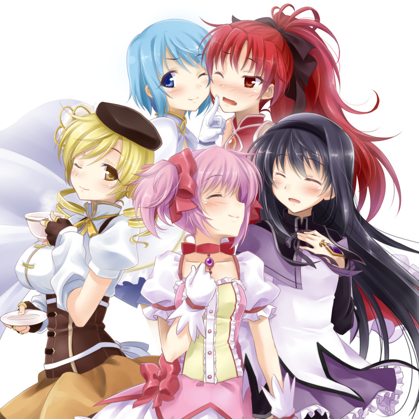 akemi_homura black_hair blonde_hair blue_eyes blue_hair blush bow cheek-to-cheek closed_eyes cup drill_hair fingerless_gloves gloves group_picture hair_bow hairband happy_tears hat highres jewelry kaname_madoka long_hair looking_at_viewer magical_girl mahou_shoujo_madoka_magica miki_sayaka multiple_girls necklace okitakung one_eye_closed open_mouth pink_hair red_eyes red_hair sakura_kyouko smile teacup tears tomoe_mami twin_drills twintails white_gloves yellow_eyes
