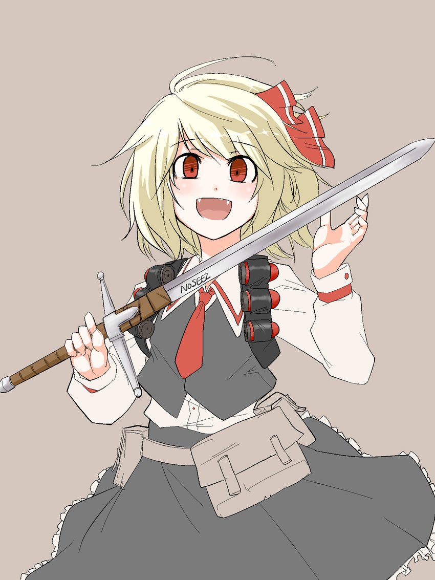 ascot bad_id bad_pixiv_id blonde_hair blush bow claymore_(sword) cosplay explosive eyelander fangs grenade hair_bow hair_ribbon highres holding holding_sword holding_weapon necktie open_mouth red_eyes red_neckwear ribbon rumia shino_(r_shughart) short_hair simple_background skirt smile solo sword team_fortress_2 the_demoman the_demoman_(cosplay) touhou vest weapon