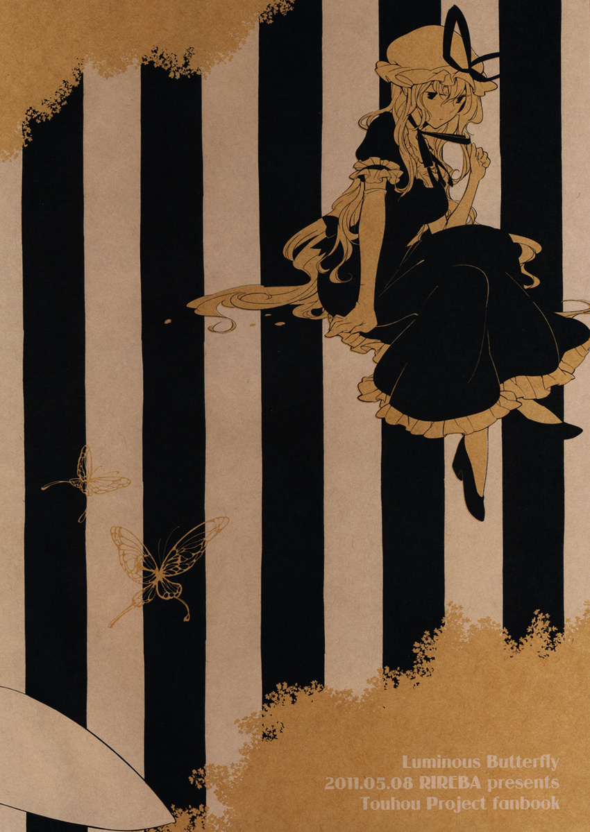 arm_support back_cover bow bug butterfly cover crossed_legs dress elbow_gloves frills gloves hat highres insect long_hair monochrome nakatani_nio sepia sitting solo spot_color striped striped_background touhou yakumo_yukari