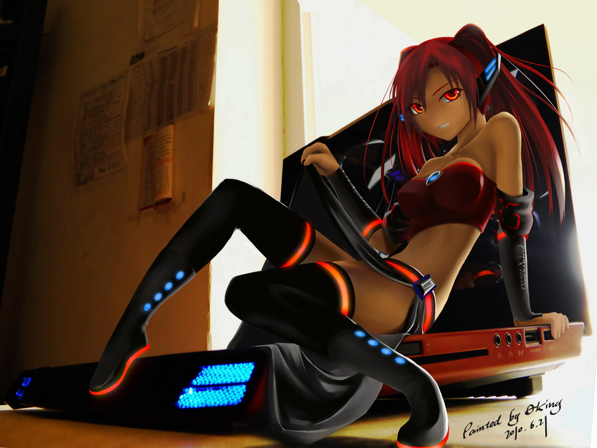 bandeau breasts computer dated highres laptop large_breasts mecha_musume okingjo personification red_eyes red_hair signature skirt skirt_lift smirk solo tan thighhighs twintails usb