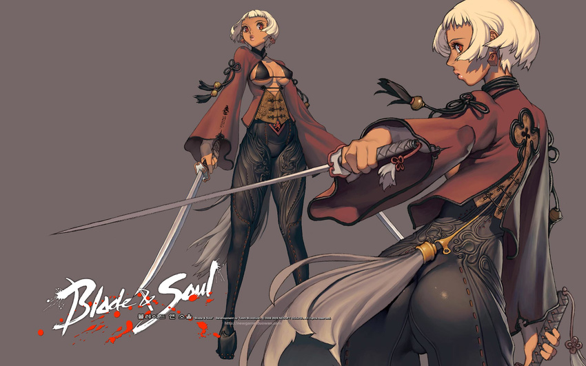 ass bikini_top blade_&amp;_soul breasts center_opening dark_skin dual_wielding earrings highres holding jewelry jpeg_artifacts katana kim_hyung_tae lips long_sleeves medium_breasts orange_eyes profile short_hair simple_background skin_tight sword weapon white_hair