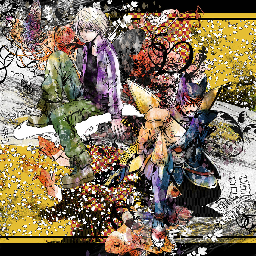 absurdres bad_id bad_pixiv_id blonde_hair boots dual_persona geta highres hiwako_(liquid) ivan_karelin jacket letterman_jacket male_focus multiple_boys origami_cyclone purple_eyes purple_jacket shuriken superhero tabi tiger_&amp;_bunny