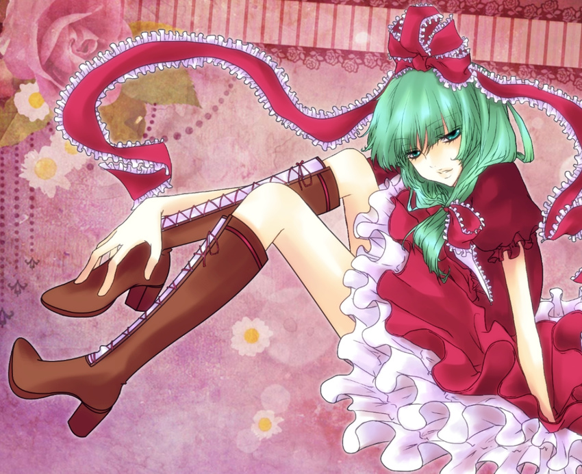 arm_support bad_id bad_pixiv_id boots bow cross-laced_footwear dress frills front_ponytail green_hair hair_bow high_heels kagiyama_hina knee_boots lace-up_boots lips long_legs ribbon rio_666 shoes sitting solo touhou